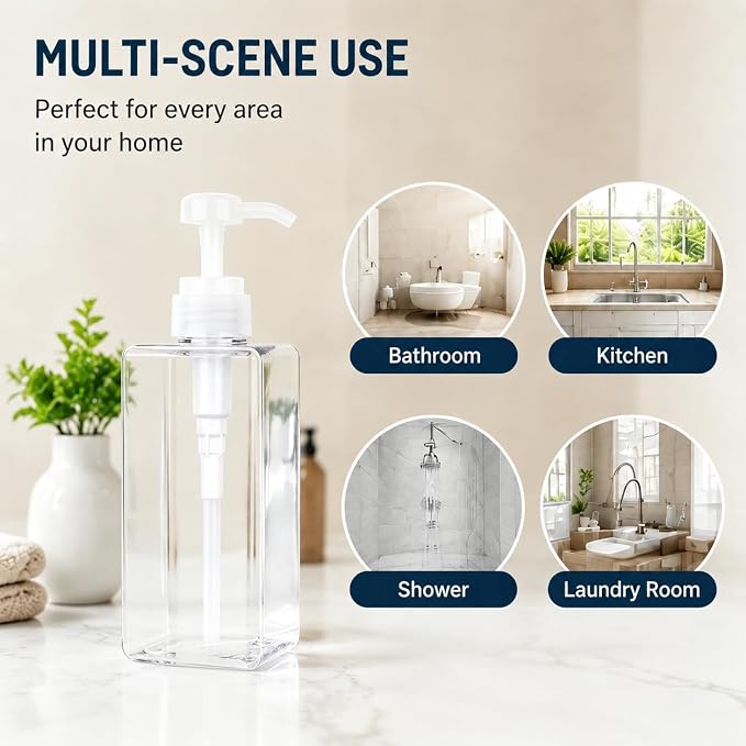 TMLECE 22oz/650ml Square Soap Dispenser Bottles | PETG Material, Large Capacity, Leak-Proof Pumps for Hand Soap, Lotion & Shampoo in Bathrooms & Kitchens, 4 Pack