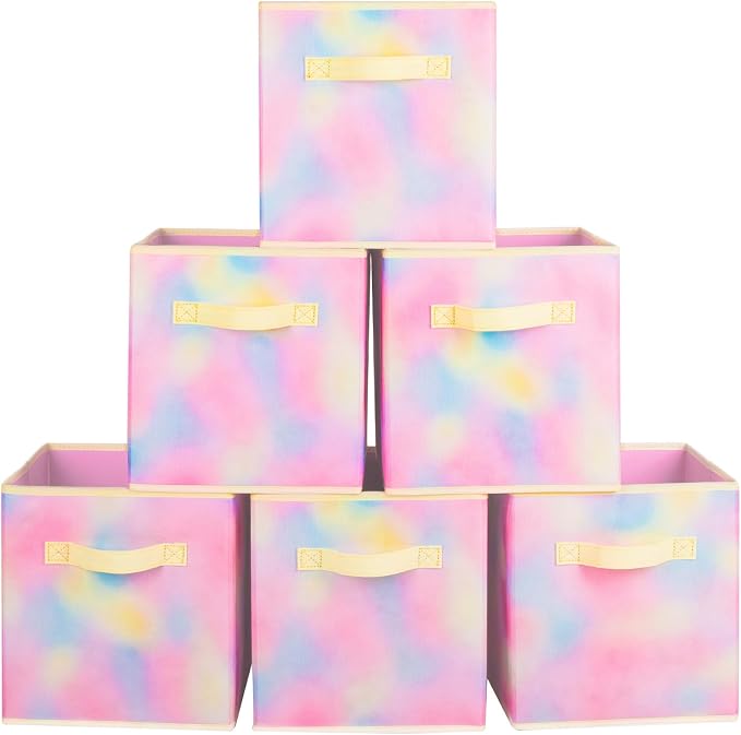 PowerKing Collapsible Storage Cubes, Farbic Storage Bins, Rhyme, 6 Pack | Sturdy, Lightweight, Easy Pull Handle, Closet & Shelf Organizer, Clothes and Toys Storage, 10.5'' x 11'' x 10.5''