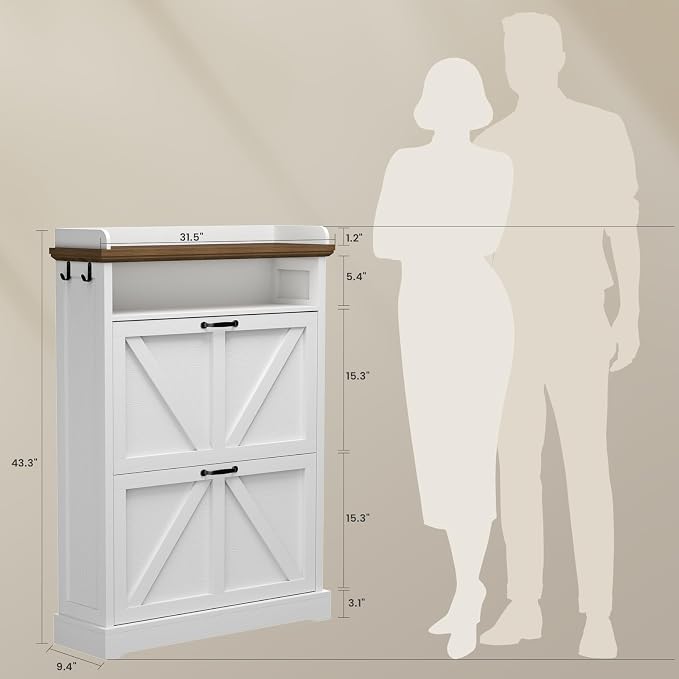 Shoe Cabinet with 2 Flip Drawers, Farmhouse Narrow Shoe Cabinet Organizer with Double-Layer Top, Freestanding entryway organizer with adjustable shelves and hooks, for, Foyer, Hallway, White