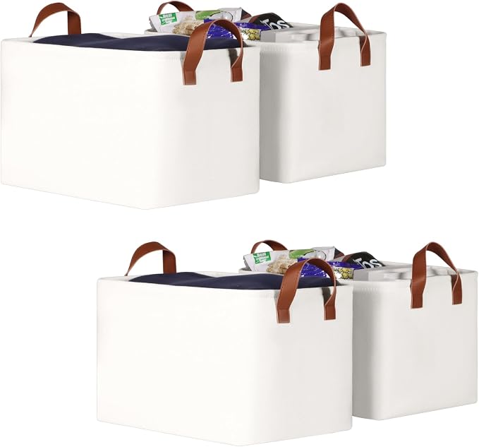 KEEGH Storage Baskets for Organizing Cube Storage 15 in, 4 Pack, White | Fabric Material, With Leather Handle, Closet Organization, Storage Bins for Living, Bedroom, Study