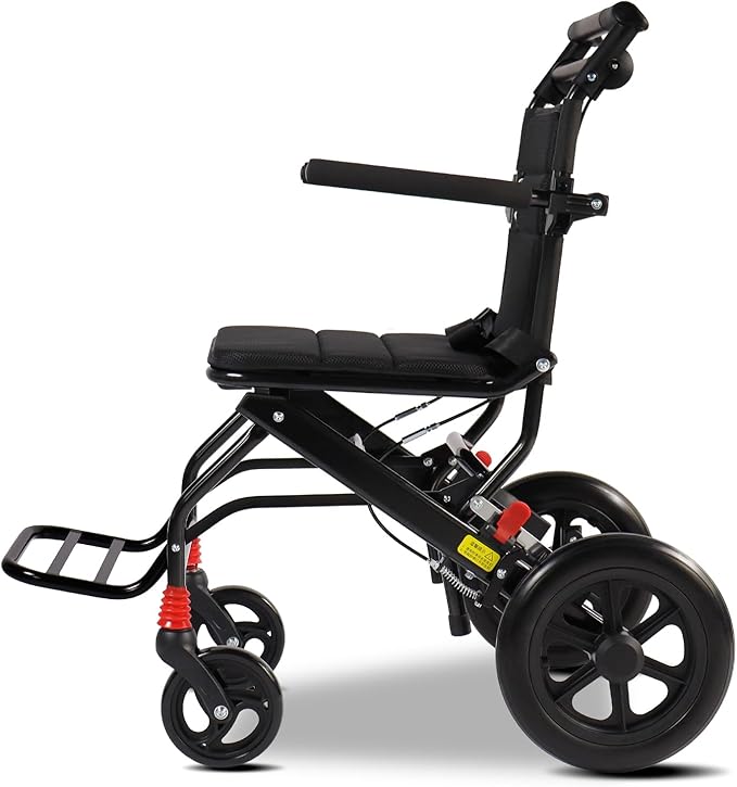 (Seat Width:16") Ultralight Lightweight Folding Wheelchair, Transport Wheelchair for Adults Support 220lbs with Foldable Pedals and Flip-Backs Arms, Handbrake & Storage Bag (12 inch PU Rear Wheel)