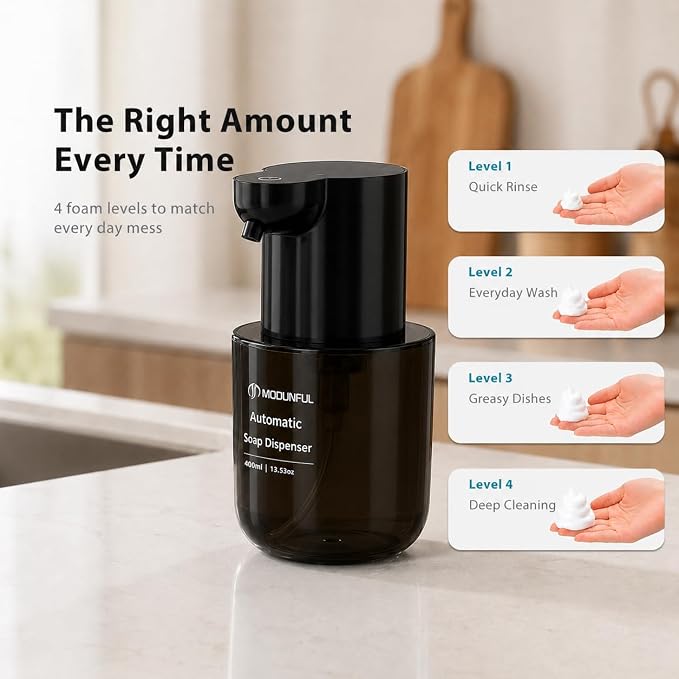 Automatic Foaming Hand Soap Dispenser - 13.5oz modunful M2 DA1501 Black | Wall Mount Countertop, Type-C Rechargeable, Transport Boby, Touchless, Delicate Foam