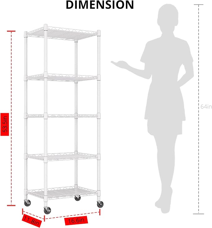 REGILLER 5-Wire Shelving Metal Storage Rack Adjustable Shelves,Standing Storage Shelf Units for Laundry Bathroom Kitchen Pantry Closet(White,11.8" D x 16.6" W x 53.5" H,With Wheels)