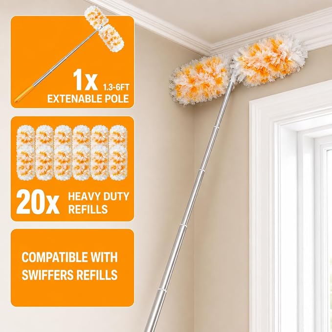 Gelibo 6ft Extendable Duster Handle with 20 Refills,Compatible with Swiffer,360°Rotating Ceiling Fan Dusters with Lock,Heavy Duty Microfiber Dusting Pads for Home Cleaning,Blinds,Hard-to-Reach Areas