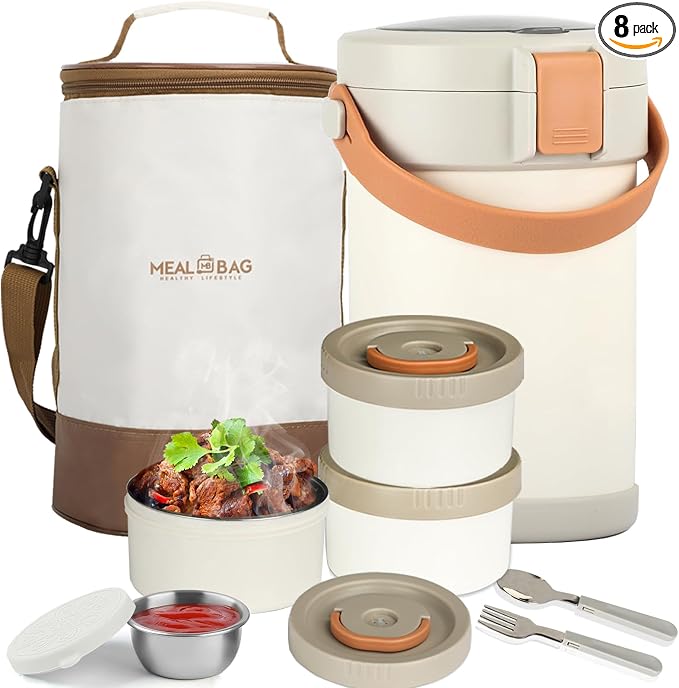 67oz/2L Thermo for Hot Food, 304 Stainless Vacuum Insulated Soup Thermo, Leakproof Thermal Lunch Box with 3 Stackable Bento Boxes & Leakproof Sauce Cups for Adults Office Travel Camping - White