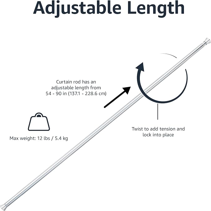 Amazon Basics No Drill Spring Tension Curtain Rod, Adjustable 54-90" Width, Chrome, Classic Finial