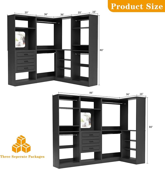 Unikito Closet System with Drawers，86”Modular Corner Closet Organizer System with Mirror，Freestanding Wood Wardrobe Organizer with Hanging Rods & Adjustable Shelves, Walk in Closet Tower, Black