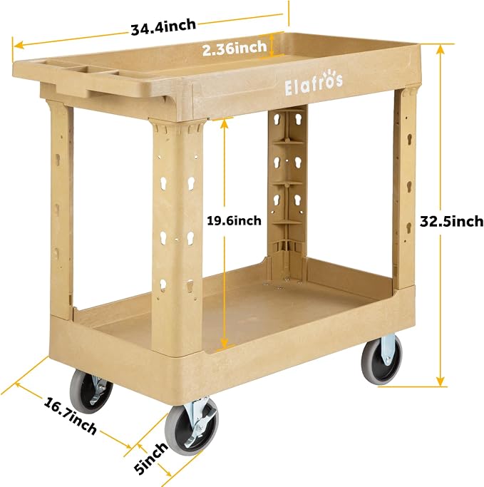 ELAFROS 2-Tier Heavy Duty Rolling Cart, 34 x 17 in, 2 Fixed 2 Swivel, Sand | 550 lbs Capacity, Deep Tub Shelves, Plastic Utility Cart, Service Cart, Work Cart, Tool Cart, Tub Storage, Warehouse Garage