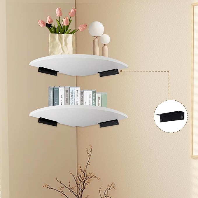 JJL Corner Shelf, 12-Inch Sector Wall Shelf, Set of 2 Wooden Hanging Shelves with Wire Hole for Bedroom Corner Decoration, White