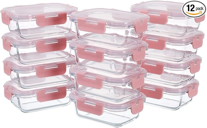 GULFLIN Small Glass Food Storage Containers 12 Pack-12oz Glass Containers with Lids for Meal Prep, Food Storage, Freezer to Microwave Safe, Air-Tight, Leak-Proof, Pink Set | Portion Control Glass Food Containers with Lids, Meal Prep, Freezer to Microwa...