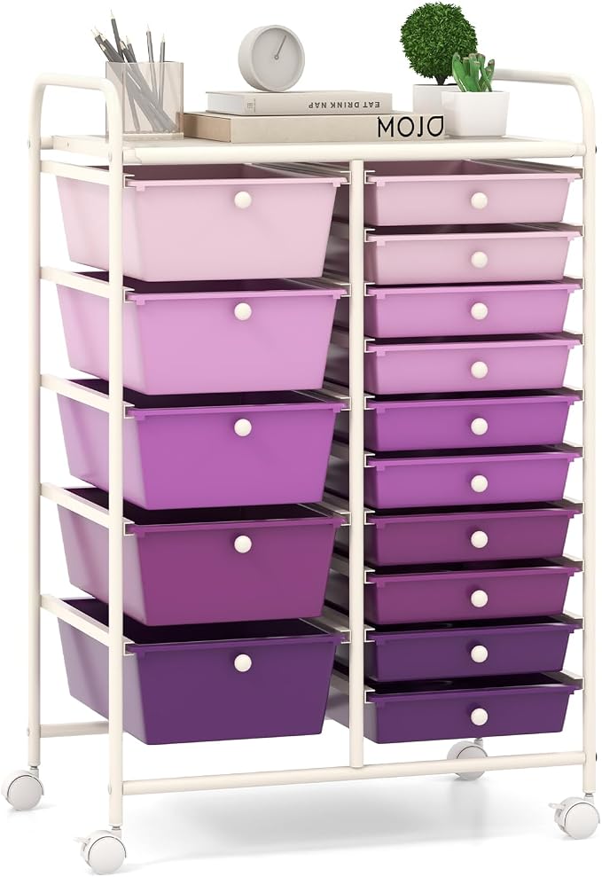 Giantex 15 Drawers Rolling Cart, Classroom Organizers, Storage Cart with Wheels, for Teacher Office Home School Supplies Tool Craft Art Paper, Purple Gradient