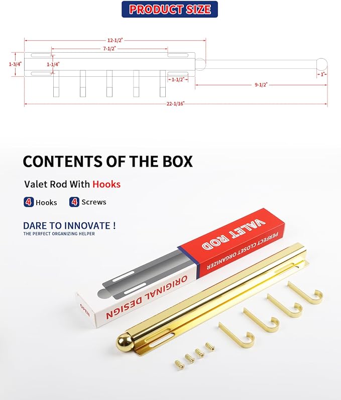 BaiNong Valet Rod for Closets Pull Out 12" Gold with 4 Hooks | Closet Valet Rod Slide Out for Closets, Laundry Rooms, RVs Space-Saving
