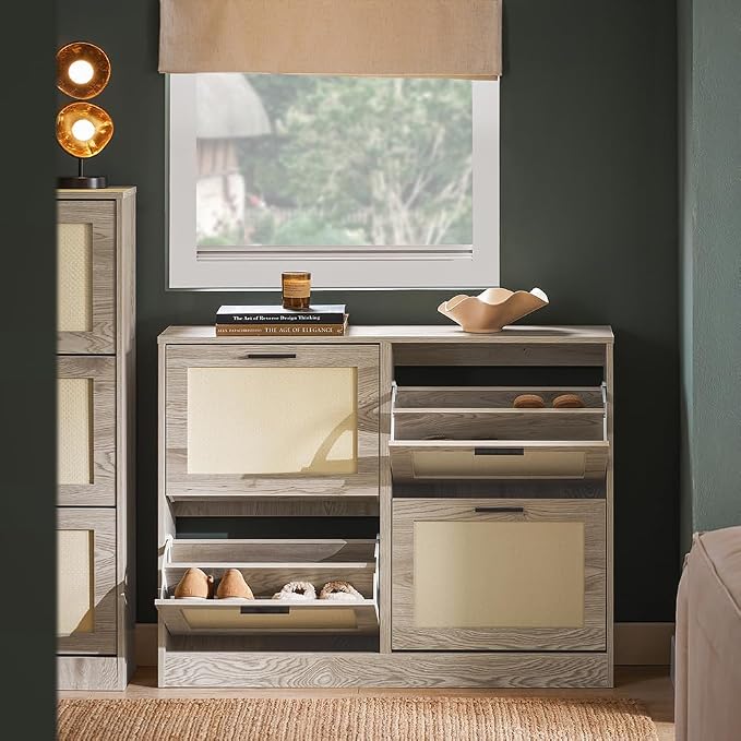 SoBuy Shoe Storage Cabinet for Entryway | Freestanding Shoe Organizer Cabinet 4 Drawers, Narrow Slim Hidden Shoe Rack, Natural, FSR170-N