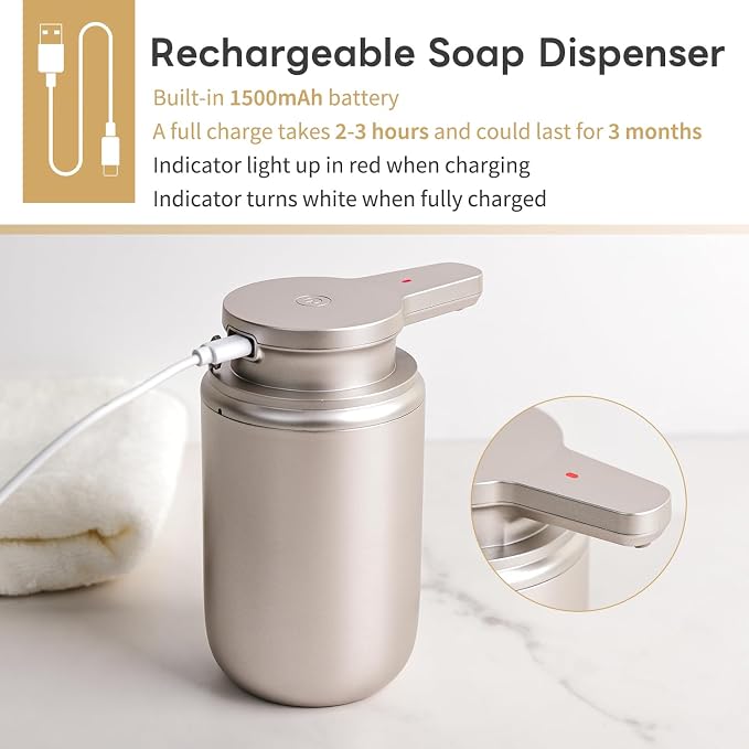 LAOPAO Automatic Soap Dispenser, Rechargeable Touchless Foaming Hand Soap Dispenser for Bathroom, Soap Pump for Kitchen, Water-Resistant, Xmas Gift 10oz, Light Silver, Plastic