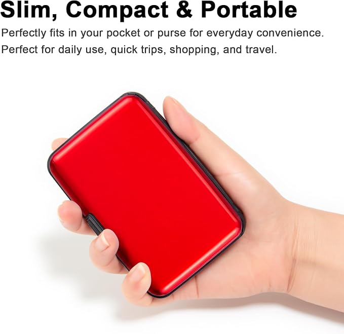 Credit Card Holder, RFID Blocking Metal Card Wallet for Women Men Slim ID Card Holders Protector Aluminum Business Hard Case (Red)