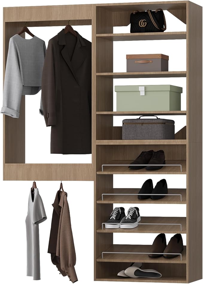 ROOMTEC Modular Closet System, 52" Wall Mounted Closet Organizer with Hanging Rods and Shoe Shelf, Wooden Tower for Walk-In Closets, Wardrobe Storage Kit, Wood