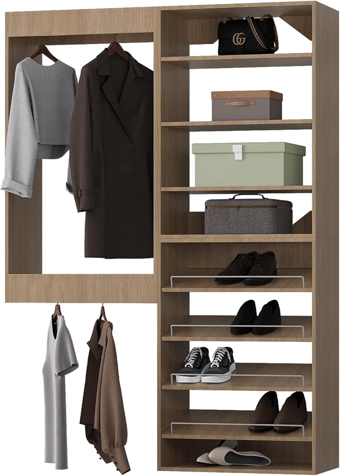 ROOMTEC Modular Closet System, 64" Wall Mounted Closet Organizer with Hanging Rods and Shoe Shelf, Wooden Tower for Walk-In Closets, Wardrobe Storage Kit, Wood
