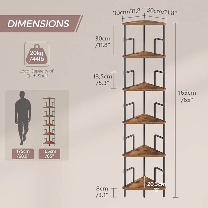 MAHANCRIS 6-Tier Corner Shelf, 65" Tall Corner Bookshelf with Metal Frame, Narrow Display Shelf Stand, Industrial Corner Bookcase for Living Room, Bedroom, Home Office, Rustic Brown CSHR6601