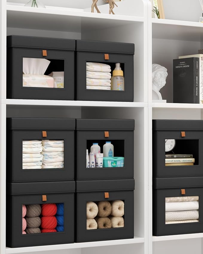 Homsorout Storage Bins with Lid – Closet Organizer with Side Opening and Clear Window, Foldable Stackable Fabric Basket for Clothes, Home, Office - 13.77" x 11.8" x 9.8", 5 Pack, Black