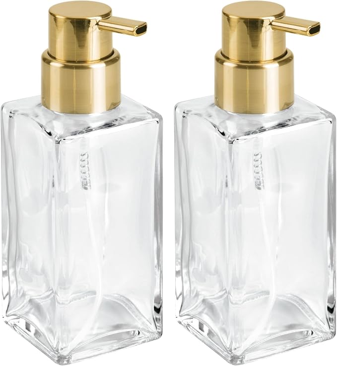 mDesign Glass Refillable Foaming Hand Soap Dispenser Modern Square Pump Bottle for Bathroom Vanities or Kitchen Sink, Countertops - 2 Pack - Clear/Soft Brass