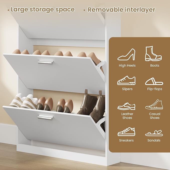 Shoe Cabinet Organizer with 3 Flip Drawers, Freestanding Shoe Rack Cabinet, 31.5" W × 6.3" D × 47.2" H Narrow Shoe Cabinet Storage for Entryway, Foyer, Hallway, White