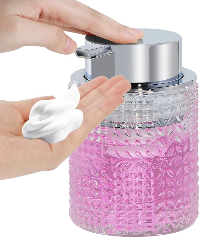 Foaming Hand Soap Dispenser, 10 oz Refillable Clear Glass Foam Soap Dispenser with Large Pump Bottle Container for Kitchen and Bathroom,1 pc
