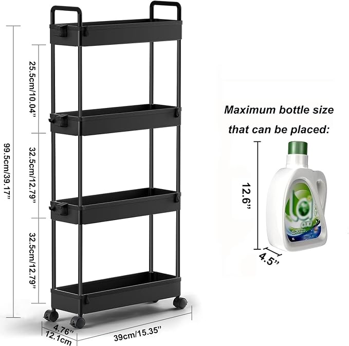 SOLEJAZZ Slim Rolling Storage Cart Skinny Bathroom Organizer, 4 Tier, Black | Thin utility cart with wheels for bathroom, laundry room, bedside, kitchen, dorm, office, next to fridge, small narrow places