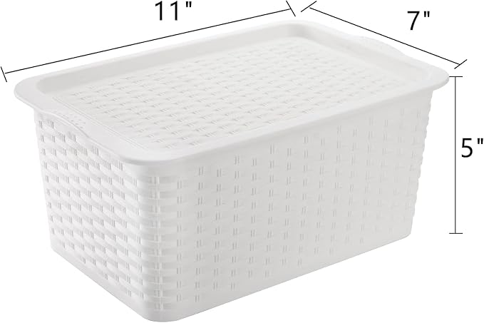 Dicunoy 4 Pack Lidded Storage Bins with Lids, White Stackable Storage Baskets for Shelf, Plastic Pantry Organizer with Handle for Home, RV, Lockers, Classrooms, School, Toys, 11" x 7" x 5"