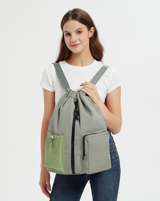 WANDF Drawstring Backpack with Shoe Compartment, Sports Gym Bag | Multi-Pocket Storage, Water-Resistant Fabric, Cinch String Bag