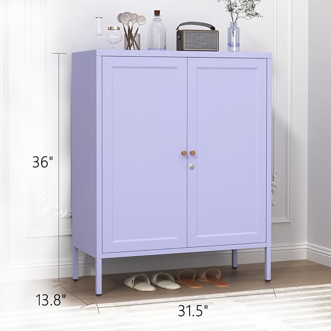 Lockable Metal Storage Cabinet with Adjustable Shelves, Multifunctional Versatile Storage Lockers, Durable Accent Sideboard for Entrance lingving Room Bathroom Purple 36" H X 31.5" W X 13.8" D