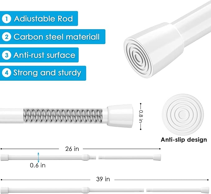 MEXAU 2Pack Tension Curtain Rod 26-39 inch Spring Tension Curtain Rod White Adjustable Spring Rod Extendable Tension Rod for Kitchen, Bathroom, Window, Bookshelf,Closet.