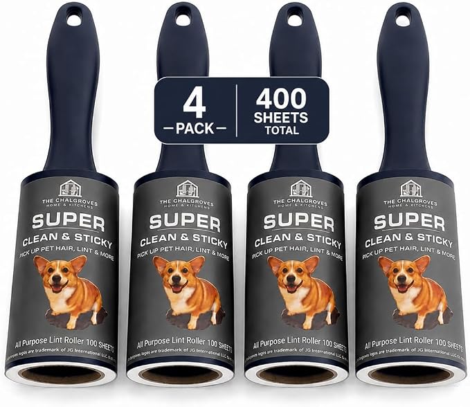 Extra Sticky Lint Roller, 4-Pack 400 Sheets, Pet Hair | Extra Sticky | Dog Hair | Straight-Cut Sheets | Navy Ergonomic Handles | Clothes | Furniture | Car Seats | 4 Complete Rollers