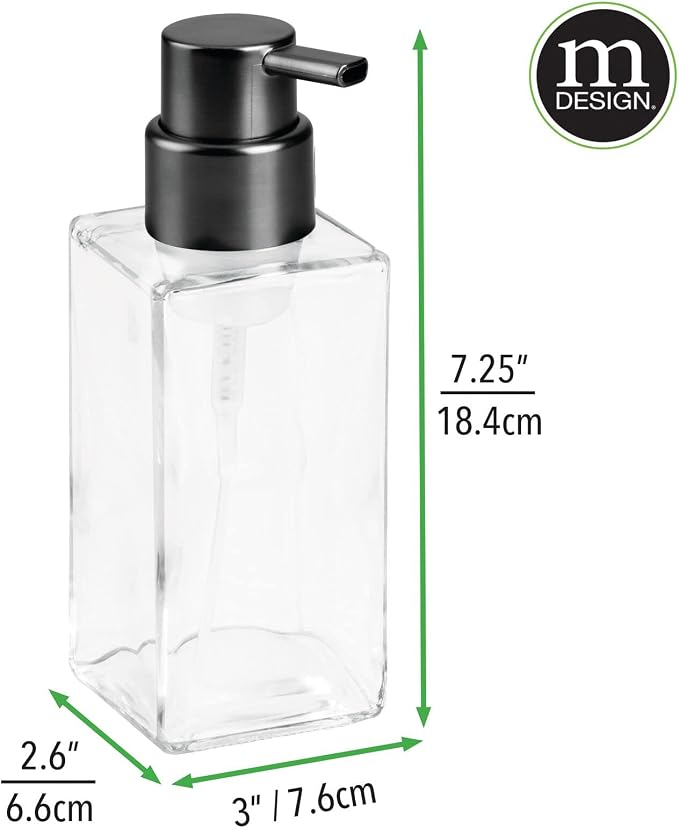 mDesign Glass Refillable Foaming Hand Soap Dispenser Modern Square Pump Bottle for Bathroom Vanities or Kitchen Sink, Countertops - 2 Pack - Clear/Black