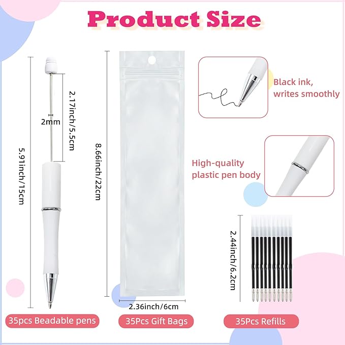 105 Pcs Beadable Pens Bulk Kit, 35 Plastic Ballpoint Pens for Beads with Refills & Bags, DIY Pen Making Kit for Office and School, Craft Gifts for Students & Teachers, Beads Pen Supplies (White)