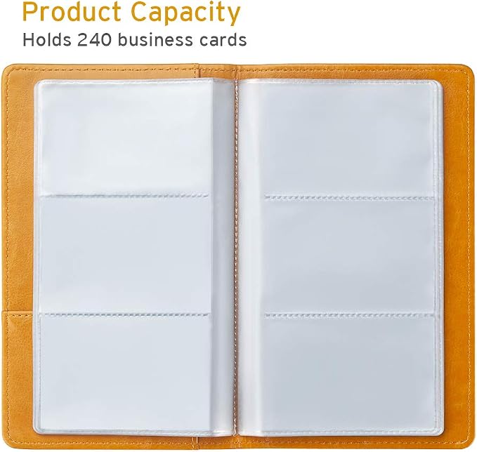 Sooez Leather Professional Business Card Book Holder Organizer, 240 Capacity Credit Card Booklet, PU Name Cards Holder Storage File for Men Women, Orange