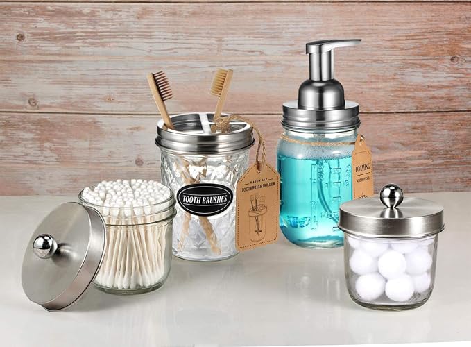 Amolliar Mason Jar Foaming Soap Dispenser, Plastic Soap Pump, Refillable Hand Soap Dispenser for Kitchen, Cute Farmhouse Decor, Dish Soap, Shampoo, Bathroom Soap Accessories, Brushed Nickel 2 Pack