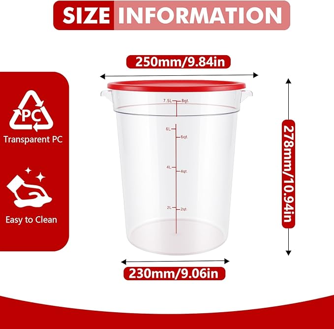 4-Pack Food Storage Containers with Lids,Round Plastic Containers for Kitchen, Food Grade, BPA-Free, Stackable, Clear Red Storage Buckets (Red, 7.5L)
