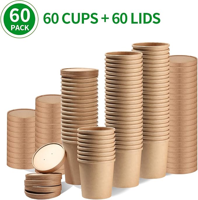bloomoon 60 Pack 16 oz Paper Food Containers with Lids Ice Cream Containers | Ice Cream Pint Containers 16 oz To Go Soup Containers with Lids, Microwavable and Freezer Storage Safe, 60 Cups 60 Lids