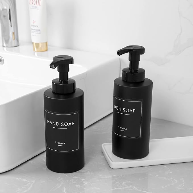 Foaming Soap Dispenser, 17 OZ Refillable Pump Bottle, 2 Pack, Black | Pump Bottle for Liquid Soap, Shampoo & Body Wash – PETG Material, Reusable, Refillable, Bathroom & Kitchen Ready