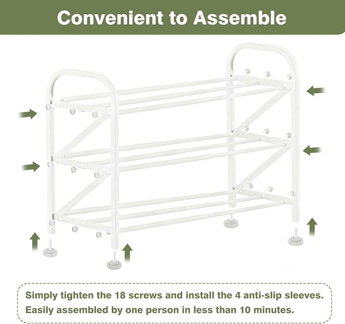 3-Tier Shoe Rack for Closet, 16"-32" Expandable Shoe Rack Adjustable for Entryway Closet Doorway Sturdy Metal, White