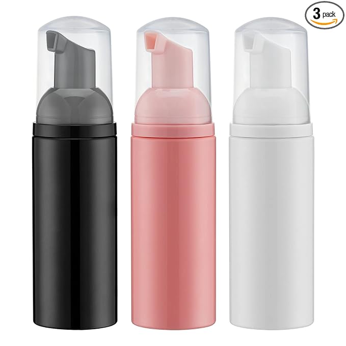 Tekson 3 PCS Soap Foam Bottle (2 oz), Empty Travel Foaming Lash Shampoo for Cleanser, Dispenser (Black&White&Pink Pump)