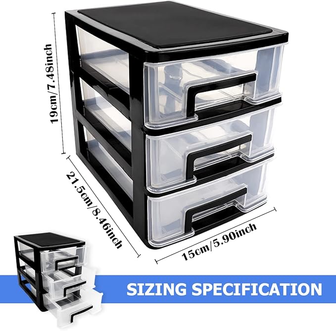 3 Tier Plastic Drawer Organizer Storage Box for Desk, Cosmetics, Jewelry, Office Supplies, Home Organization (8.46" x 5.9" x 7.48")