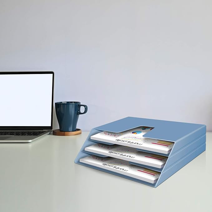 Acrimet Horizontal Triple File Folder Holder Organizer, Open Top Desktop Document Sorter for Letter Size Papers & Folders, Plastic (Solid Blue) | 3 compartments to separate and organize documents, folders and papers
