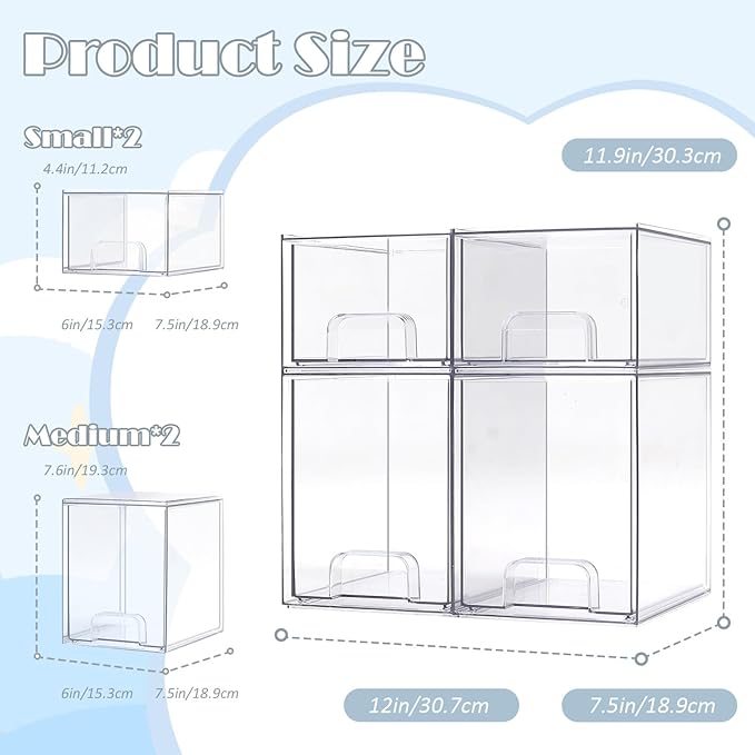 Baby Bottle Organizer with Hooks - 4 Pack Stackable Storage Drawer | Baby Bottle Organizers and Storage, Clear Acrylic Multipurpose Bottle Storage for Countertop