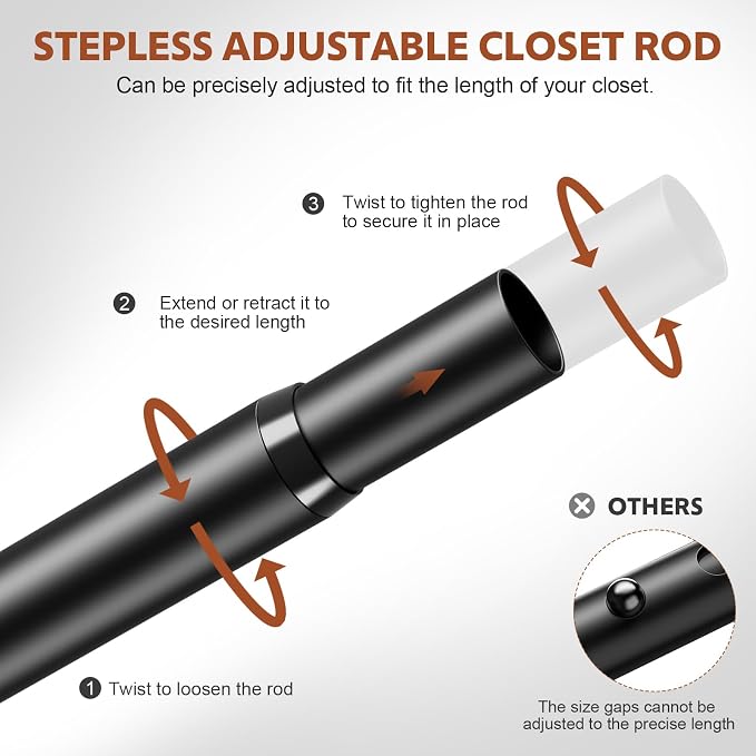 Closet Rods for Hanging Clothes, 17-42 Inch Stepless Adjustable Closet Rod, 1.3 Inch Heavy Duty Metal Clothes Hanging Rod, Expandable Closet Bar Hanger Rod Black for Closet Wardrobes Laundry RV