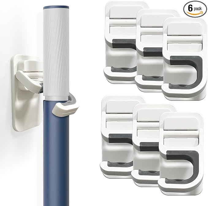 6 Pack Broom and Mop Holder Wall Mount, No-Drill Self-Adhesive Grippers | Secure Anti-Slip Grip Holds Brooms, Mops, Dustpans and Cleaning Tools, Freeing Floor Space and Keeping Them Easy to Reach