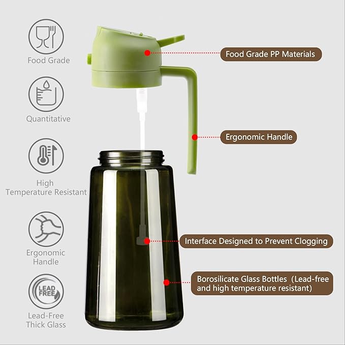 SWEET VIEW 2PCS Olive Oil Dispenser and Oil Sprayer | 16oz/470ml Glass Light-Proof Oil Pourer for Kitchen Air Fryer, Cooking, Salad, and BBQ, with Stickers