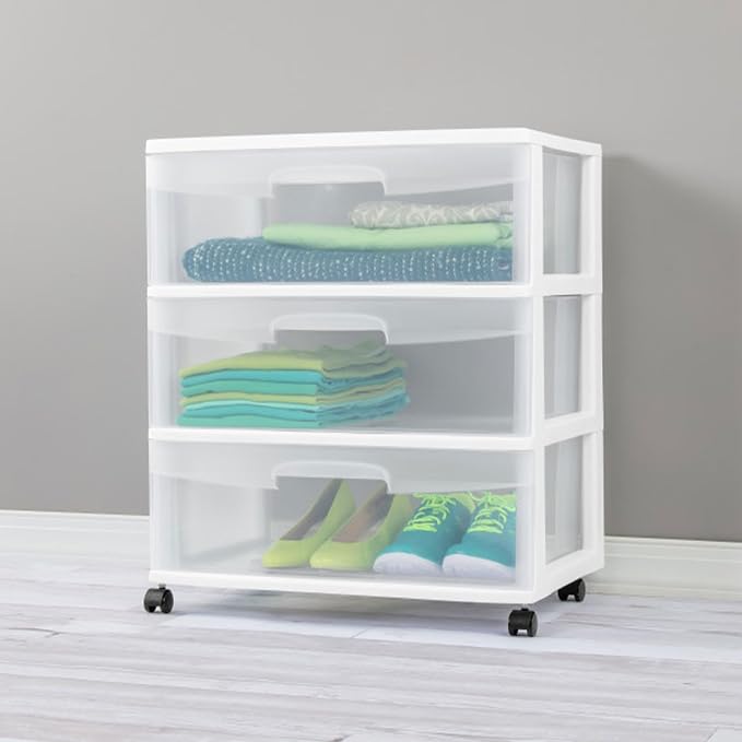 Sterilite 2-Pack 3-Drawer Wide Storage Organizer Cart, Rolling Container w/Wheels, White - Organizing Containers for Bathroom, Closet, Kitchen, and Bedroom