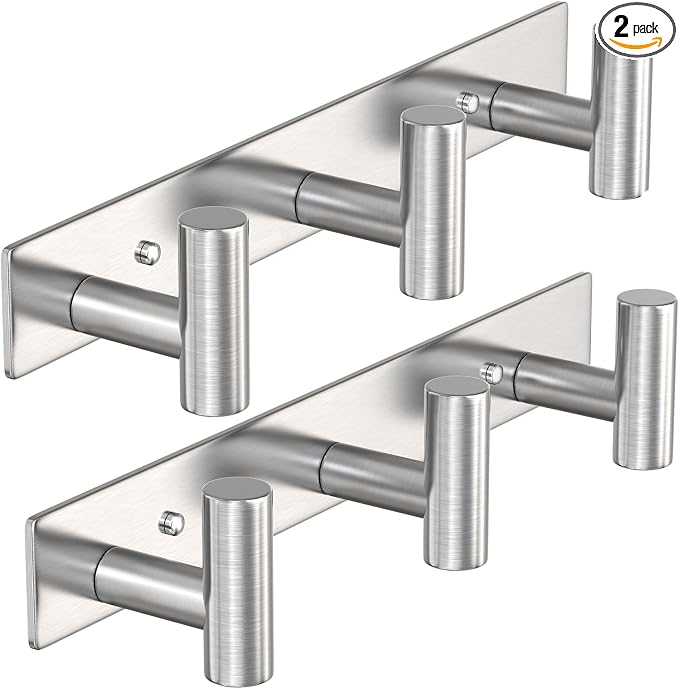 VAEHOLD Silvery Hat and Coat Wall Mount Rack - 3 Hooks for Robes, Bags, Keys, and Towels - Bathroom Towel Hanger Organizer (2 Pack)
