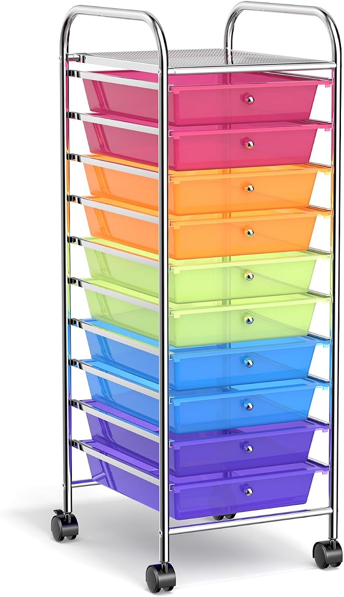 DREAMADE Rolling Cart with Storage Drawers, Utility Cart with Removable Plastic Drawers, Lockable Wheels, Art Cart for Classroom Organization Art Supplies Office Scrapbook (10 Drawers, Rainbow)